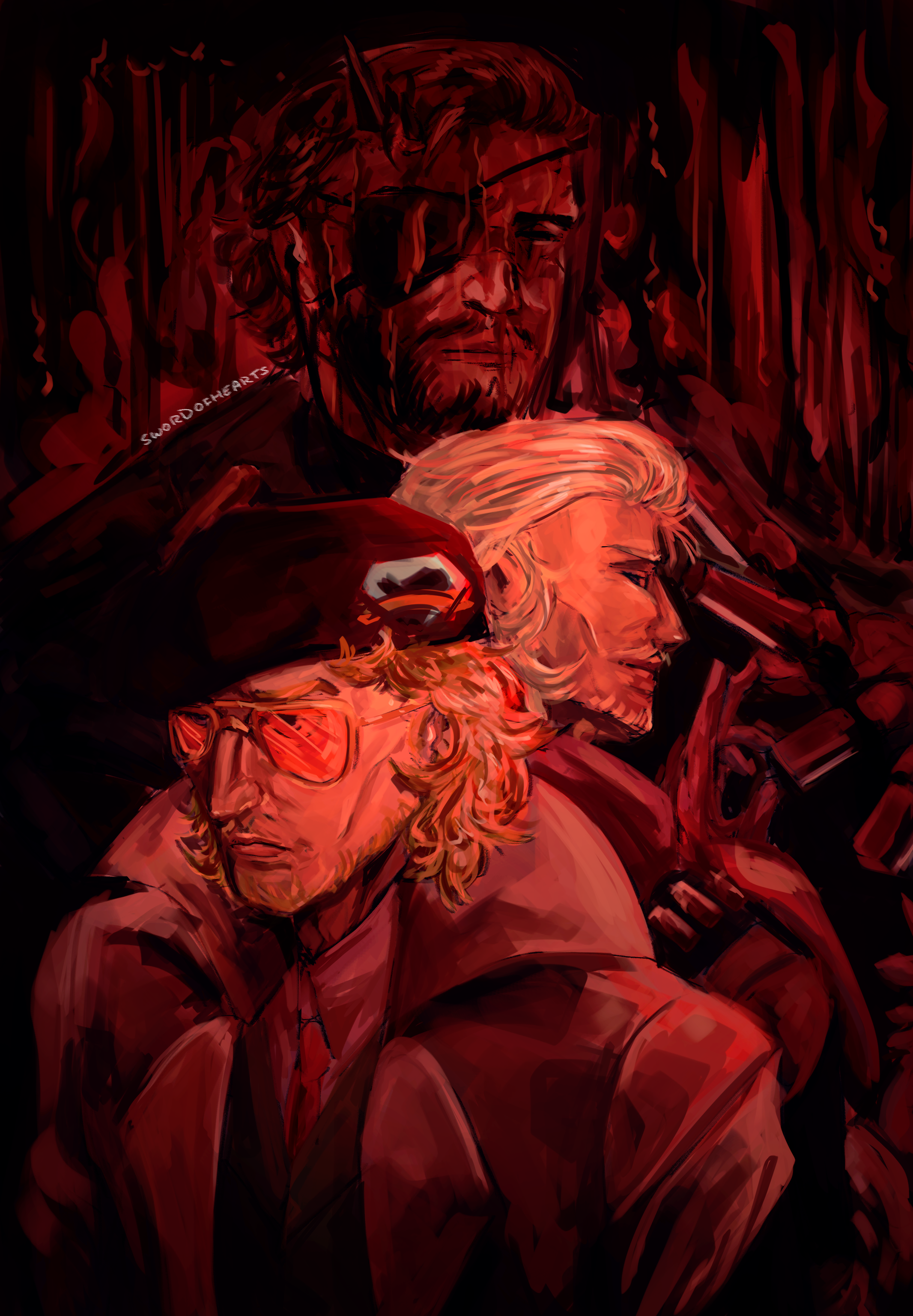 kaz and ocelot back to back, standing in front of venom snake